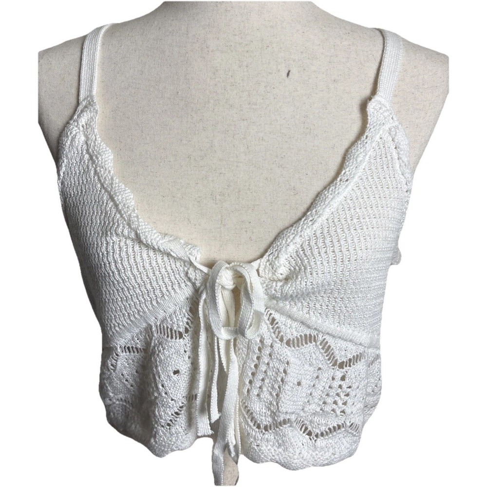 Tie Front Crochet Cropped Sweater Womens Large White Boho Y2K Festival